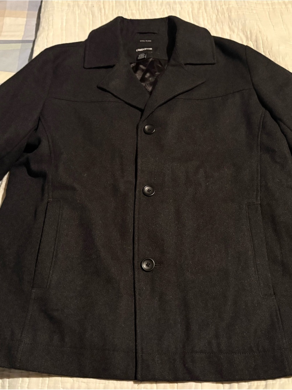 Claiborne Men’s XL Wool Blend Dark Charcoal/Black Pea Coat with Button Front